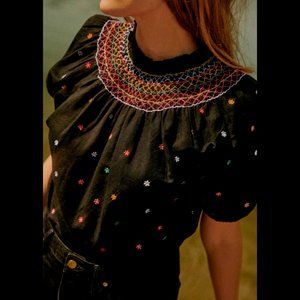 Sezane Dakota Black Blouse with Multicolored Embroidery and Puff Sleeves; Large.